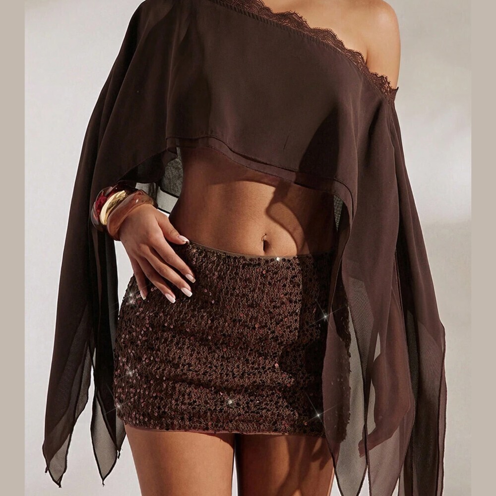 Brown Sheer Chiffon Lace Trim One Shoulder Handkerchief Sleeve Crop Top